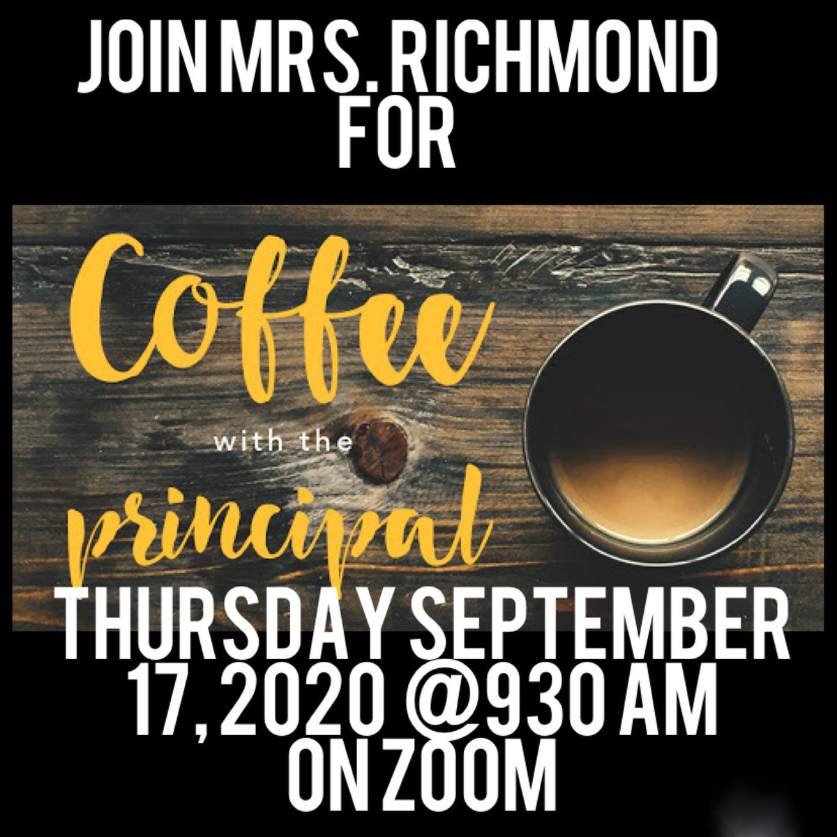 MustangsSM1's tweet photo. This Thursday, we invite you to pour yourself a cup of coffee &amp; join Mrs. Richmond for a Virtual Coffee with the Principal. ☕️
A Zoom meeting link will be sent via email &amp; text an hour before the event. See you there! 🌞 #MightyMightyMustangs #OUSD https://t.co/hlsBKnKefz
