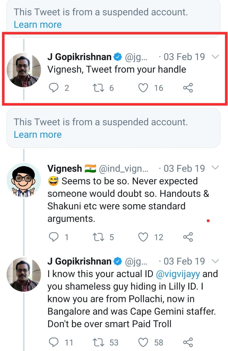 So then Jobless Gopikrishnan, I mean  @jgopikrishnan70 launched a brainless attack on Lilly saying... Vignesh tweet from your account Below, every Lilly's tweet, he use to write similar reply, calling Lilly as Vignesh 