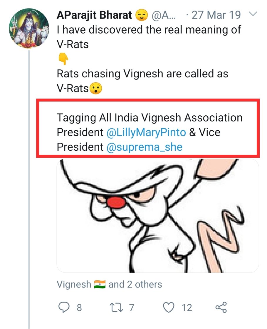 Finally, I coined a term called"All India Vignesh Association" (AIVA) with Lilly our PresidentMyself, Lilly(unfortunately account suspended)  @ind_vignesh @Sarvavyaapi  @OKarthik82 &  @OyeProtein @RajiIndustani became founder members of AIVA Rats chasing Vignesh=VRats 