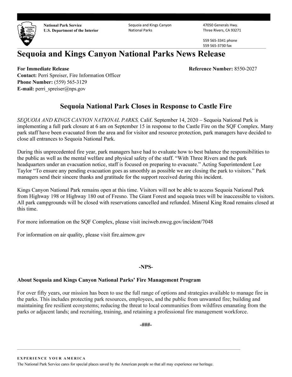 NWSHanford's tweet image. Sequoia National Park Closes in Response to Castle Fire

facebook.com/SequoiaKingsNP…
#CastleFire #SQFComplex