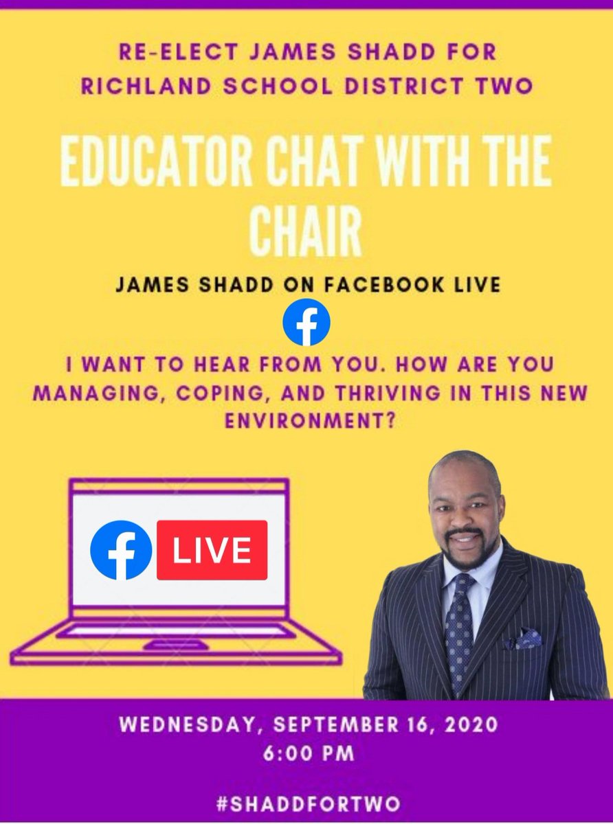 JamesShadd's tweet photo. This year is like no other. Please join me as we hear from teachers who will ask questions and share their experiences. Insight drives impact.

Teachers, I welcome your questions and comments in my inbox or during the Facebook Live Chat this Wednesday, September 16th at 6 PM. https://t.co/9WXRdmFYPi