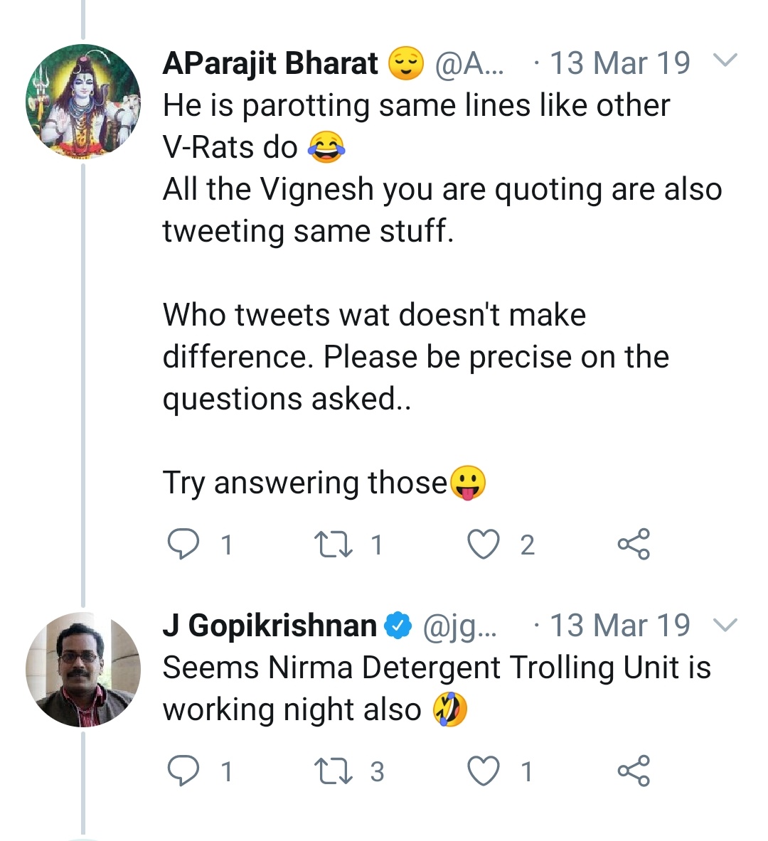 J Dhobi kept calling everyone as a fake account run by Vignesh, myself included Now, Dhobi goes a step ahead and calls me a paid agent Nirma Detergent... This is like 3 months before Nirmala ji was appointed as FM of India. As if they already knew that Swαmy would get nothing