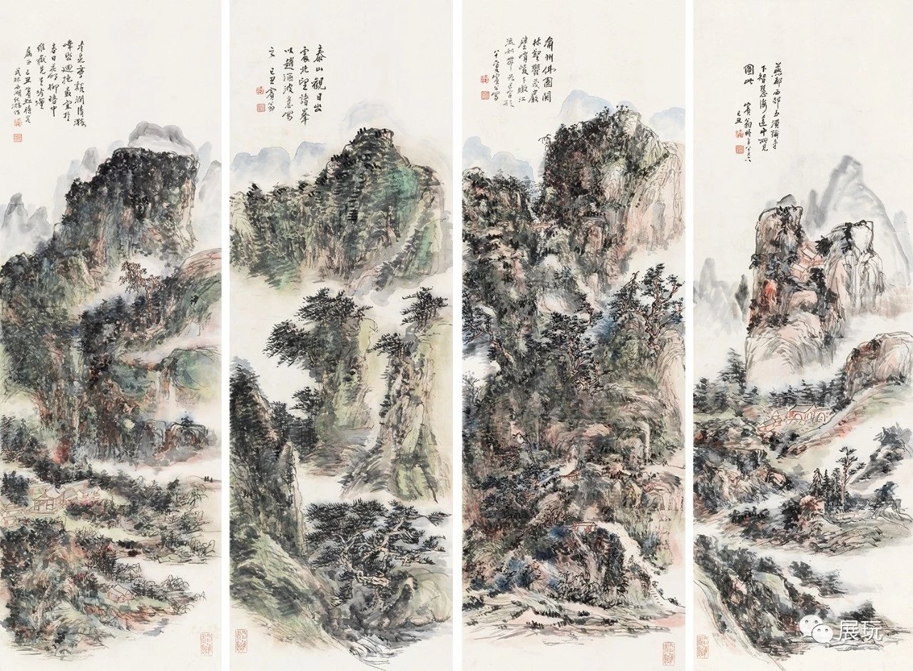濃いピンク系統 中国画 山水 風景画 · 四幅セット