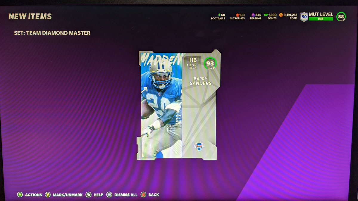 DatNoobADAM's tweet photo. HO LEE SHIT, we did it! #PathToBarry complete. I set a lot of goals in @EAMaddenNFL to keep me engaged and this is my 2nd big one down, the first was max level before launch. Now for top 100 in Solo Battles and then the mountain that's 20 wins in weekend league. #Madden21 #MUT21 https://t.co/kJCaLMCMnM
