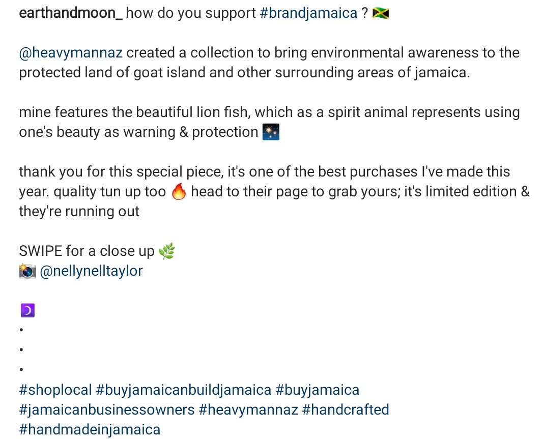 heavymannaz's tweet photo. Review from our newest collector #Earthandmoon

"@heavymannaz created a collection to bring environmental awareness to the 
protected land of goat island and other surrounding areas ofjamaica." 
https://t.co/475xQFOPgW 

#shoplocal #madeinjamaica 
#fashionandenvironment https://t.co/6JAlJtT7NH