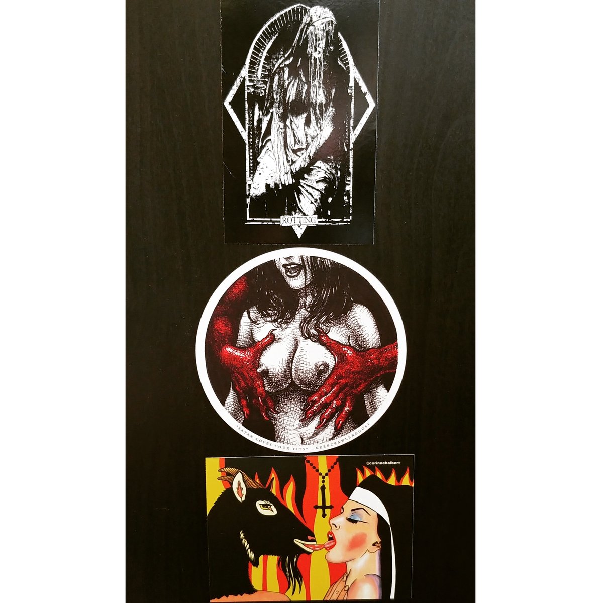 BlankValleyFilm's tweet photo. Unholy trinity of stickers ๐ I've had these stickers for years and finally stuck on the most evil of furniture from IKEA.
Artists from top to bottom are:
#halrotting #kerbcrawlerghost #corinnehalbert https://t.co/d7G9ukqxMv