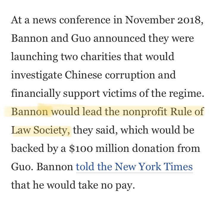 A glimpse into very coordinated and connected COVID conspiracy activity: Earlier today a paper was “published” by a group at the Rule of Law Society claiming evidence COVID was engineered in a lab. What is the Rule of Law Society? A non-profit operates by Steve Bannon