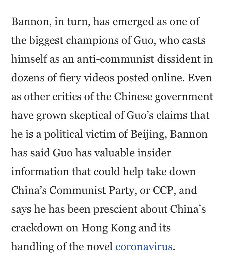 Bannon operates the non-profit with someone explicitly trying to undermine the communist Chinese government. In truth he appears to be a fraudster, like Bannon  https://www.google.com/amp/s/www.washingtonpost.com/politics/steve-bannon-guo-wengui/2020/09/13/8b43cd06-e964-11ea-bc79-834454439a44_story.html%3FoutputType%3Damp