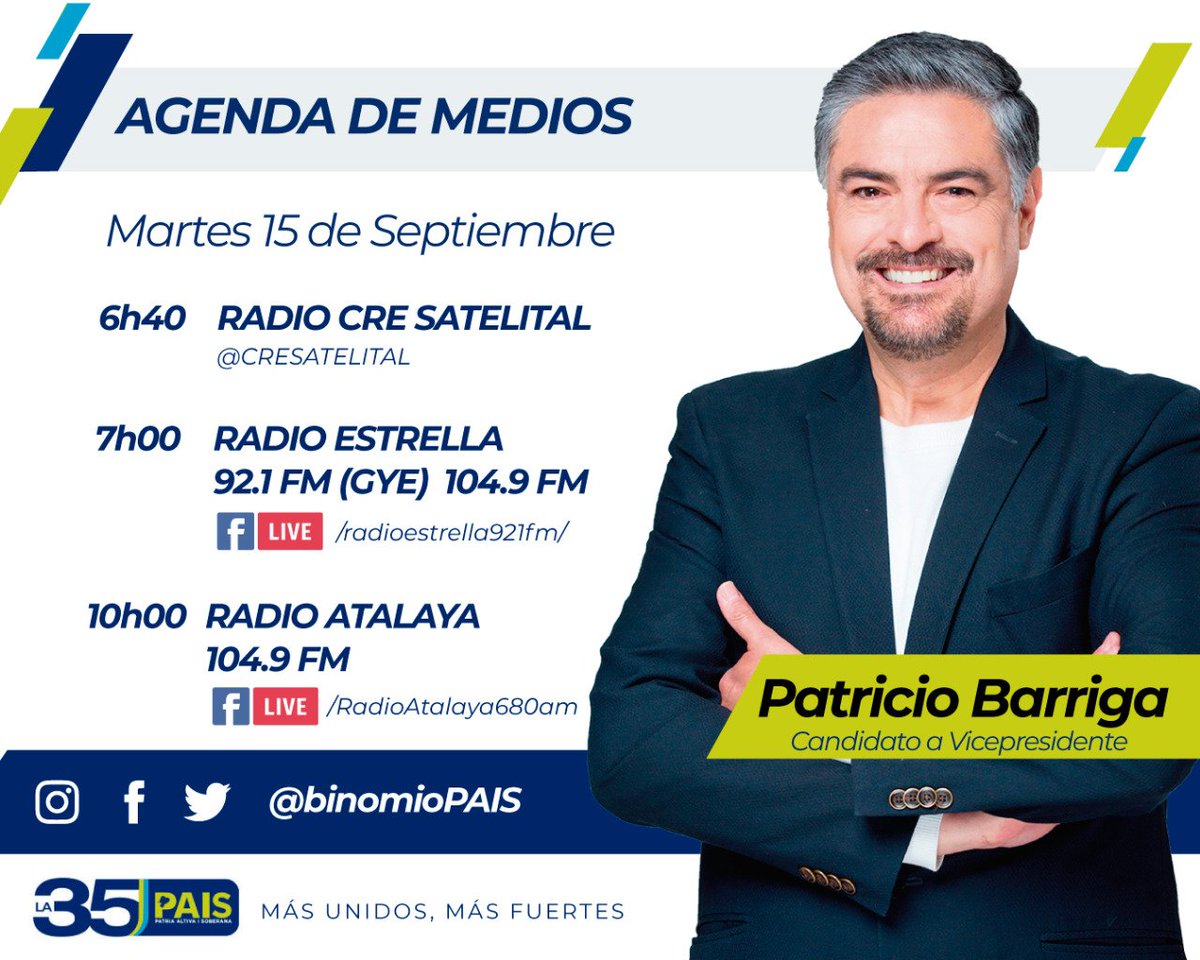 Sigue de cerca la agenda de medios de Patricio Barriga candidato a la vicepresidencia por Alianza PAIS.
<a href="/PPancia/">Patricio E. Barriga</a>

📣 <a href="/cresatelitalec/">Radio CRE Satelital</a>
<a href="/radioestrellafm/">Radio Estrella 92.1</a>
<a href="/radioatalaya_/">Radio Atalaya 680AM</a>