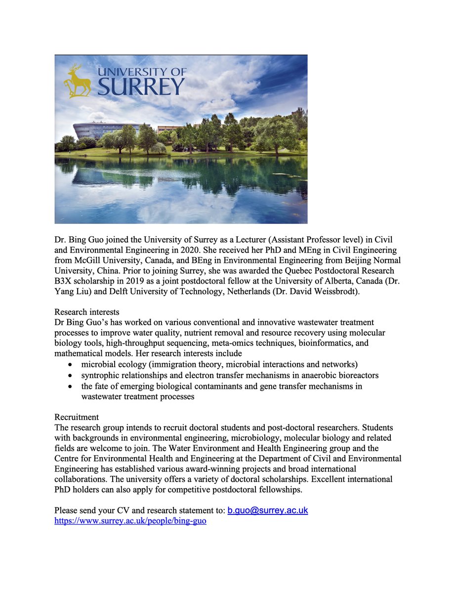 CapeesEng's tweet photo. Dr. Bing Guo @bingg00189042 of the University of Surrey @UniOfSurrey in #UK is #hiring #doctoral students and #postdoctoral researchers! Candidates from #environmental_engineering, #microbiology, #molecular_biology and related fields are welcome to apply! https://t.co/iCRVeOpqgF