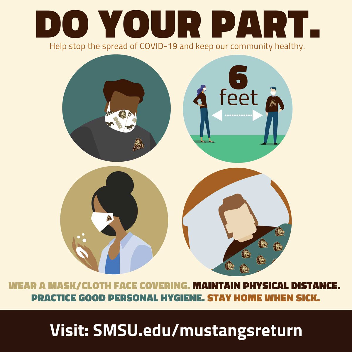 SMSUToday's tweet photo. Four ways you can do your part to keep our Mustang Family healthy: Wear a mask. Keep a safe distance. Use good hygiene. Stay home when you're sick. #MustangsCare #MustangsMaskUp https://t.co/qQXVkZHL81 https://t.co/OEOetakB10