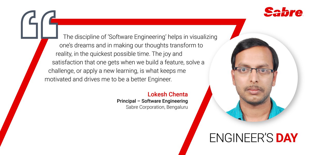 Sabre_India's tweet photo. They also talk about how they think Engineers are driving change and transformation in our everyday lives.
Are you an #Engineer? What prompted you to choose a career in #Engineering? Let us know in the comments below.
#EngineersDay #GainingSpeed #WeAreSabre #EngineersDay2020 https://t.co/WErzMtSW6O
