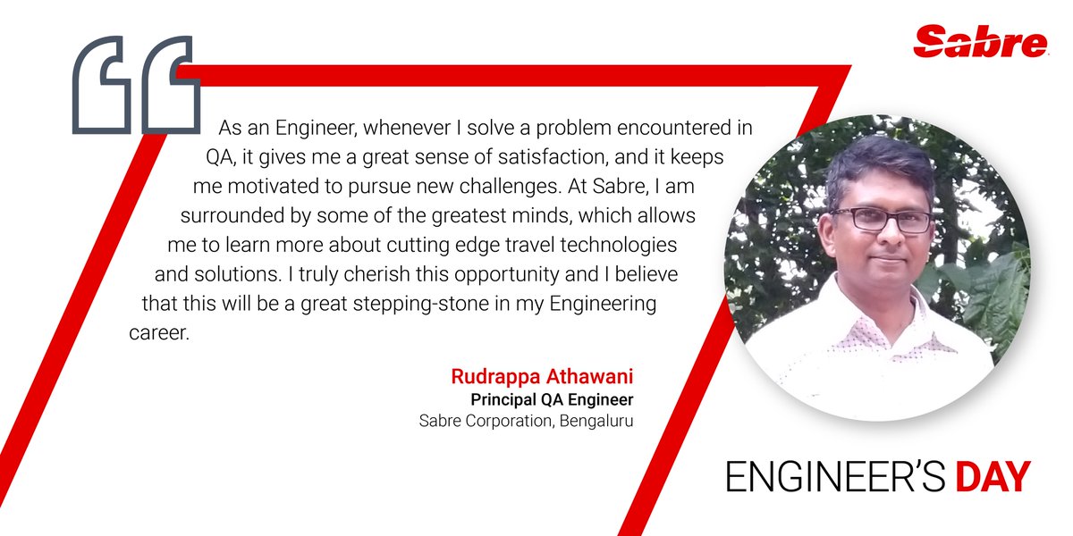 Sabre_India's tweet photo. They also talk about how they think Engineers are driving change and transformation in our everyday lives.
Are you an #Engineer? What prompted you to choose a career in #Engineering? Let us know in the comments below.
#EngineersDay #GainingSpeed #WeAreSabre #EngineersDay2020 https://t.co/WErzMtSW6O