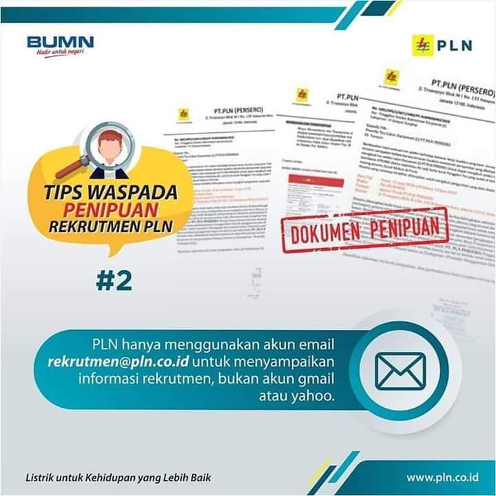 _pln_id's tweet photo. Saat ini, PLN Tidak Sedang Melakukan Proses Rekrutmen Calon https://t.co/gPoORwSmNy mengenai Rekrutmen PLN hanya melalui website PLN, yaitu : https://t.co/5MbnoBCQR3
Waspada atas upaya Oknum Tidak Bertanggung Jawab, mengatasnamakan Rekrutmen PLN.

#waspadahoax #hoaxrekrutmenpln https://t.co/6yxqeVAnVH