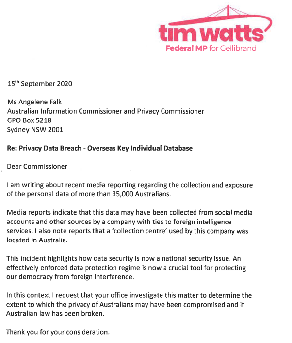 TimWattsMP's tweet photo. I’ve written to the @OAIC asking them to investigate the the extent to which Australians privacy have been compromised and whether any laws were broken with #OKIDB 👇 https://t.co/0yJjtUFK5r