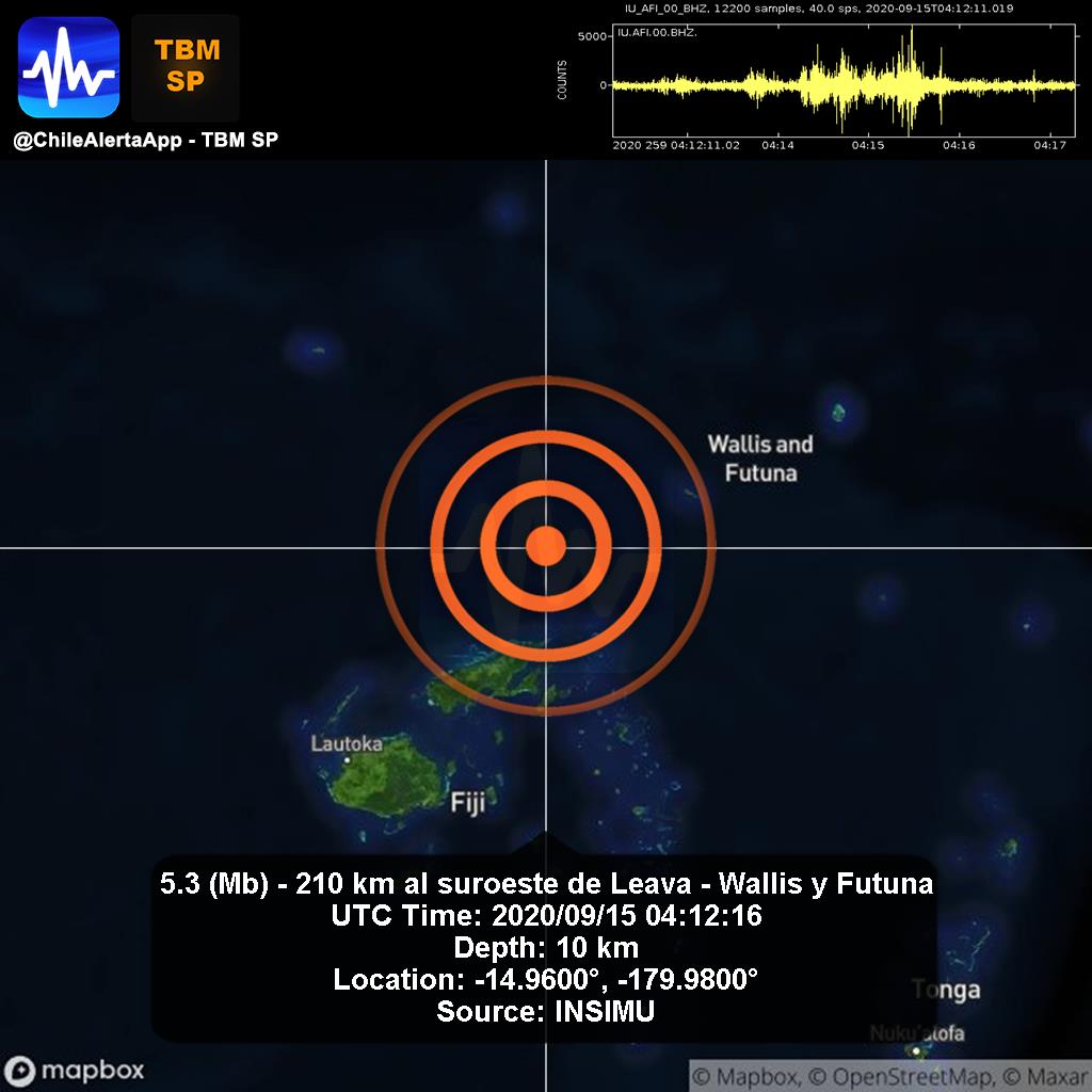 ChileAlertaApp's tweet photo. New #Earthquake. 🌎
5.3 (Mb) - 210 km al suroeste de Leava - Wallis y Futuna.
2020/09/15 04:12:16 UTC.
#Leava-WallisyFutuna App: https://t.co/e1jlc9uim5 #Temblor #Sismo #alert https://t.co/7IrZGej65h