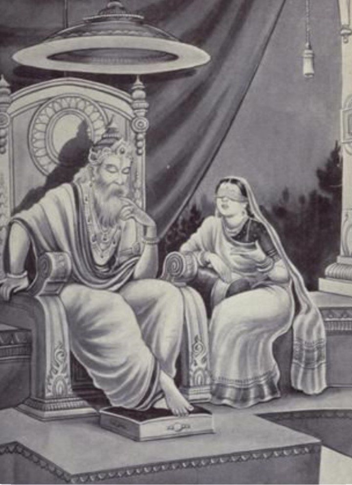  She blindfolded herself because of dhritrastra. She was mother of 101 Kauravas ( 100 sons + 1 daughter). Gandhari had given birth to undeveloped embryo. Vyas used his knowledge to save the embryo by keeping them safe in test tubes.