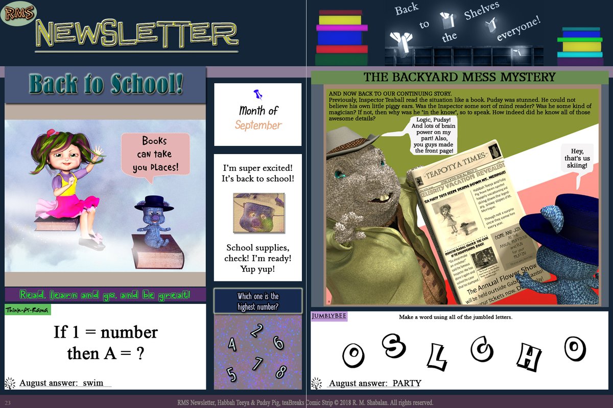 HabbahTeeya's tweet photo. The RMS September Newsletter is here! Introducing Teapotya Times. Read on and enjoy! 😊
#newsletter #sept #kids #fun #stories #backyardMess #mystery #inspectorTeaball #TeapotyaTimes #habbahTeeya #pudsyPig #books #students #backtoSchool https://t.co/O1hiNq1b6D