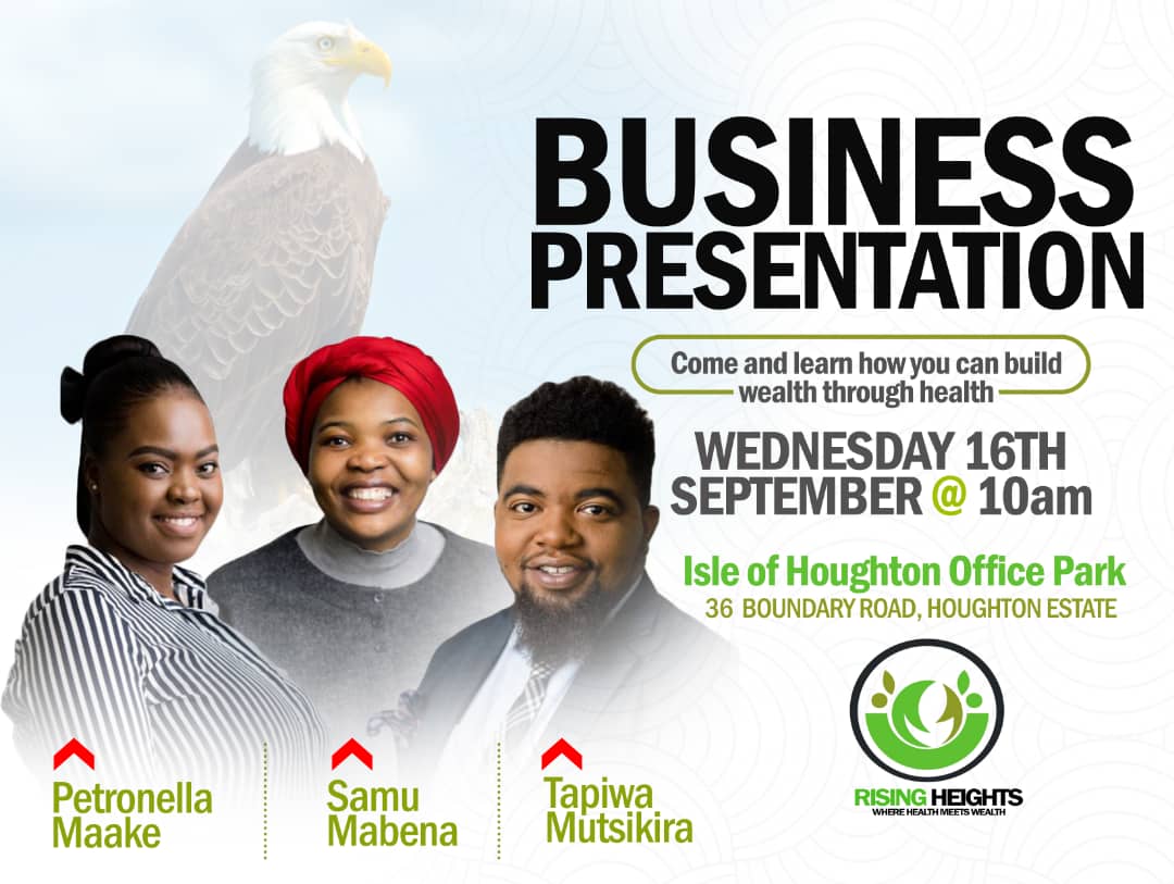 RisingInt's tweet image. Join us tommorow for our weekly wednesdays business presentations. 
Date: 2020/09/16
Time: 10am
Place: Rising heights HQ

Contact us on: 
+27100551480
risingheightsintl.com 

#buildingwealththroughhealth
#fromafricatotheworld
#risingheightintl
#wellness
#networkingbusiness