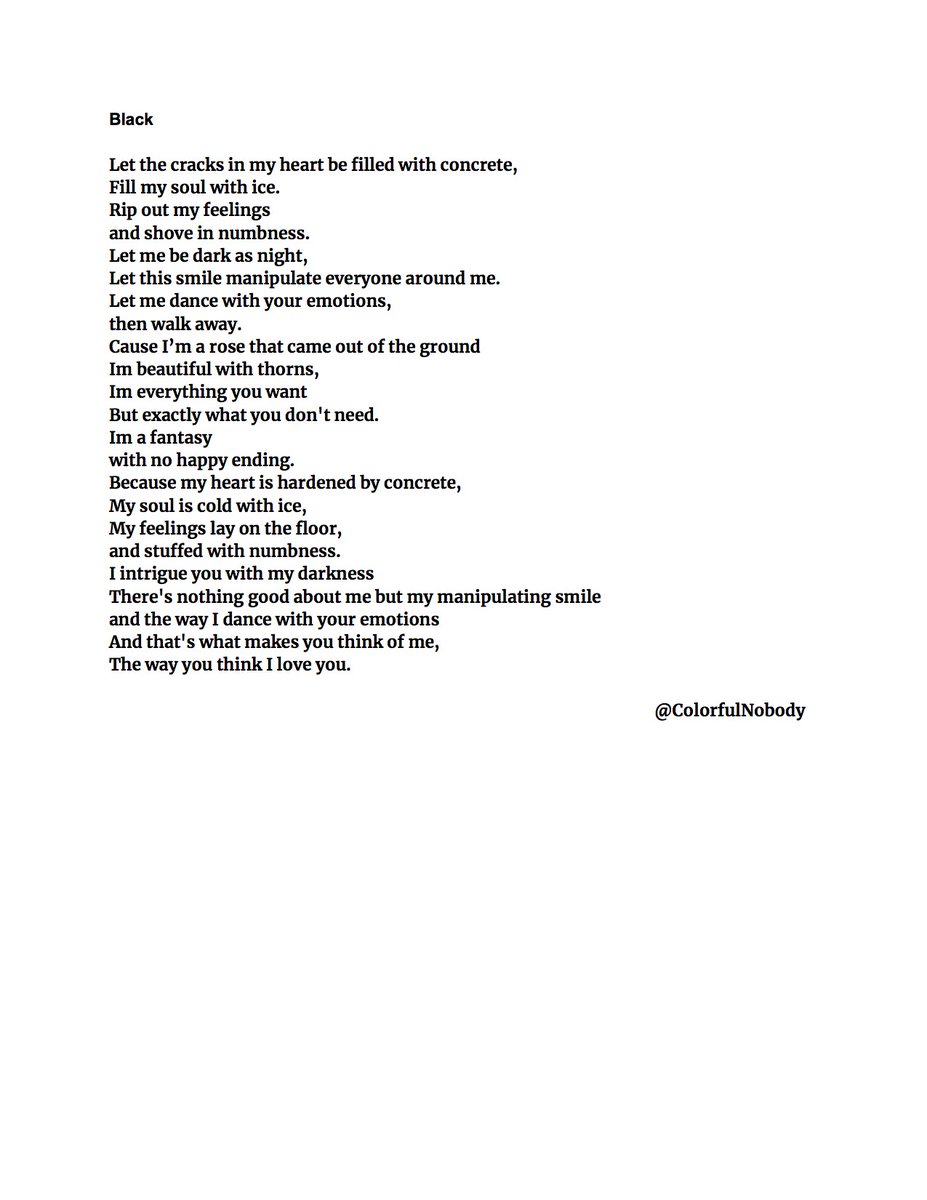 ColorfulNobody's tweet photo. Black
#poetry #poetrycommunity #PoetsTwitter https://t.co/5Gqr4mttbd