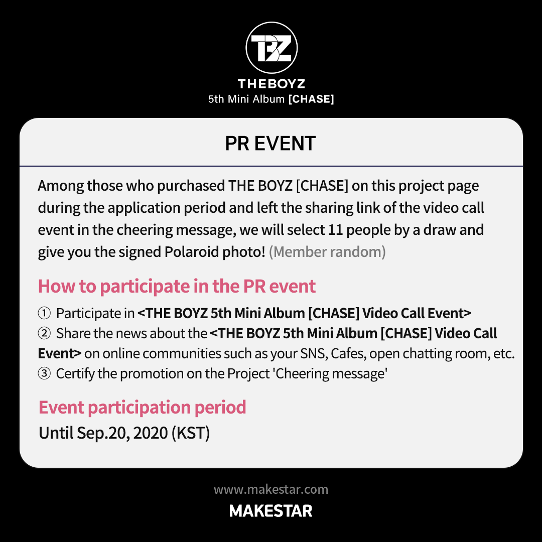 Makestarcorp's tweet photo. #더보이즈 미니5집 [CHASE] 영상통화 이벤트 오픈! ❣
#THEBOYZ 5th Mini Album [CHASE] Video Call Event OPEN! ❣

1️⃣ 멤버들과의 영상통화 기회
2️⃣ 응모자 전원 멬스 미공개 포토카드
3️⃣ 친필 사인 폴라로이드(영통당첨자&amp;홍보이벤트)

2020.09.15~2020.09.20 (KST)
🔗https://t.co/gQYNEnLhuT https://t.co/n3uz0OlJq0