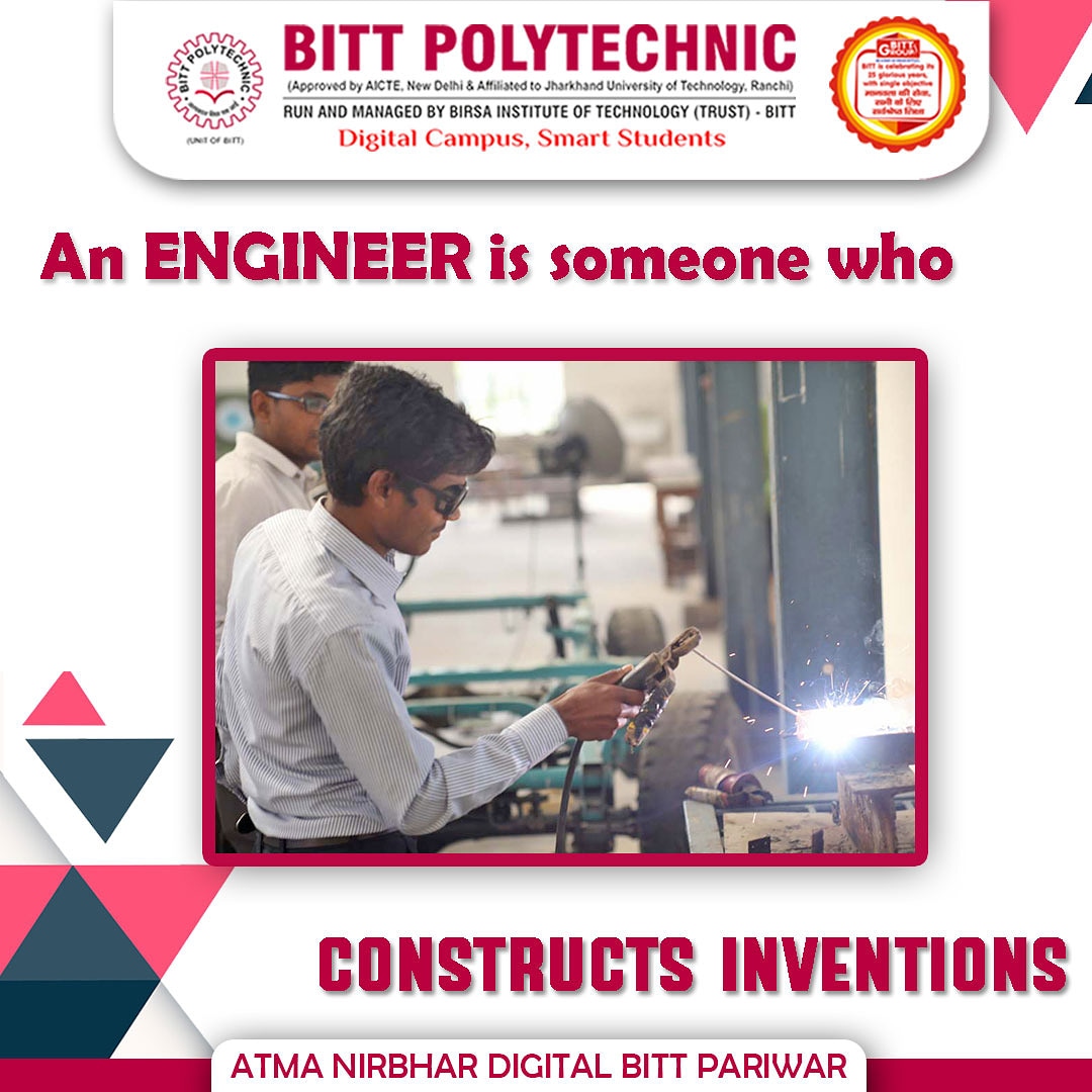 bittpolytechni1's tweet photo. An Engineer is someone who constructs invention.
#BITT #Polytechnic #Polytechnic #BittPolytechnic #BittDigitalClassroom #DigitalClassroom #CivilEngineering #MechanicalEngineering #ElectricalEngineering #ComputerScienceEngineering #ElectronicsANDComputerScienceEngineering https://t.co/1kDRUpiVq3