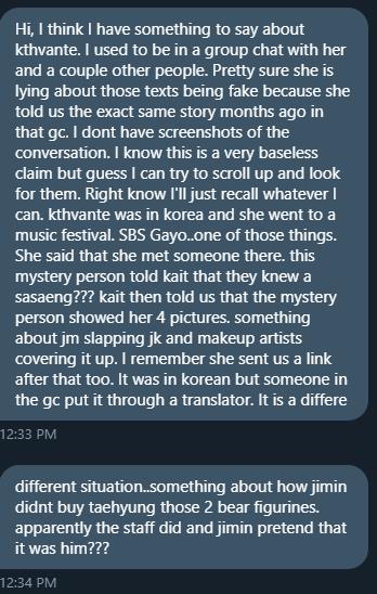 Here are other people proving they are really spreading this lies to other people. OP is in a gc with kthvante and they told in the gc the same thing. As the message was send on 2019, twt is not letting them scroll further. (+)