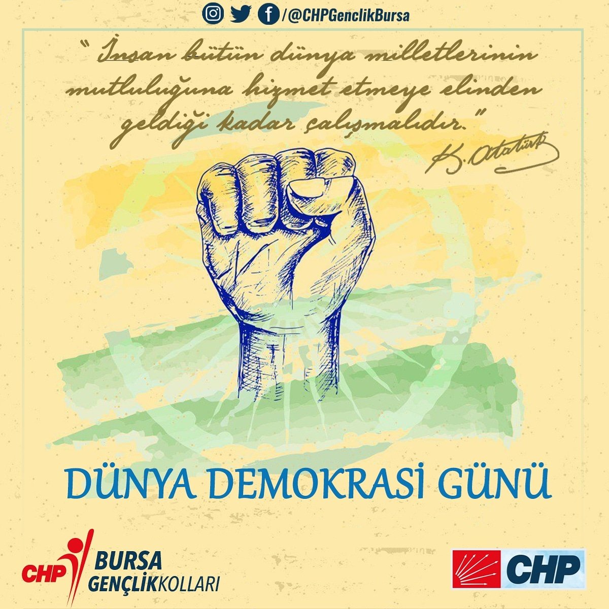 Atatürk gençliği olarak, ülkemizde ve dünyada insanların mutluluğu ve huzuru için çalışmak bizlerin vazifesidir.
Bunun yolu da 'Demokrasi' mücadelesine yılmadan devam etmektir.

#WorldDemocracyDay