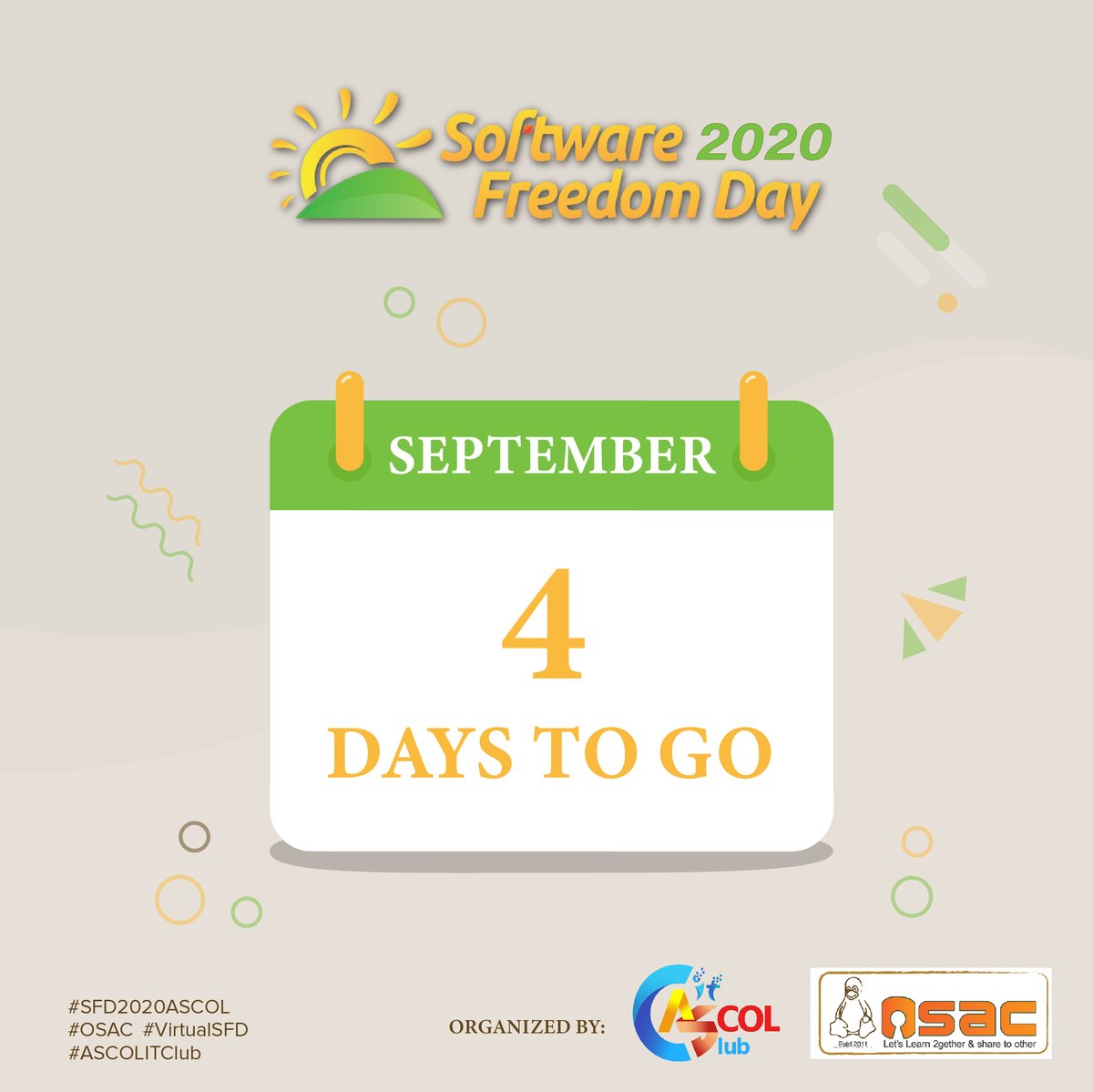 osac_ascol's tweet photo. Software Freedom Day 2020 is just 4 days away.
OSAC & ASCOL IT Club are organizing the first ever Virtual SFD which is happening on 19 September 2020 via Zoom. Go grab your ticket at: https://t.co/5UrkuC1RmD……
#SFD2020 #SFD2020ASCOL #SFD2020OSAC #OSAC #VirtualSFD #ASCOLITClub https://t.co/FDSab3DX9f