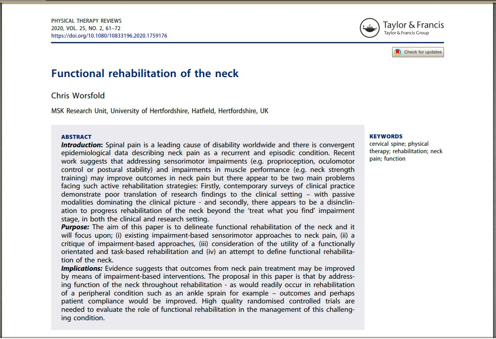 PhysioMeScience's tweet image. Great paper by 

@ChrisWorsfold1 

👍👀👇👇

Functional rehabilitation of the neck

tandfonline.com/doi/full/10.10…