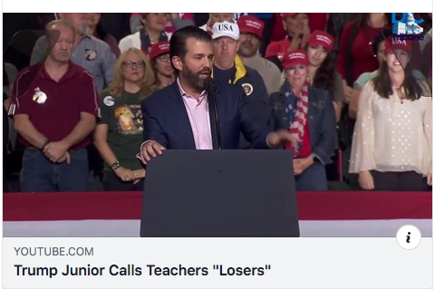 Greentreesfilms's tweet photo. Donald Trump Jr. calls Teachers "Losers". #teachers #education #educators #TAs #school #college #professors #universities #teaching #students #learning #colleges #university #schoolboards #boardsofeducation #schooladministrators #administrators #teachersunions #VoteBiden #Biden https://t.co/YeJJyA8bQh
