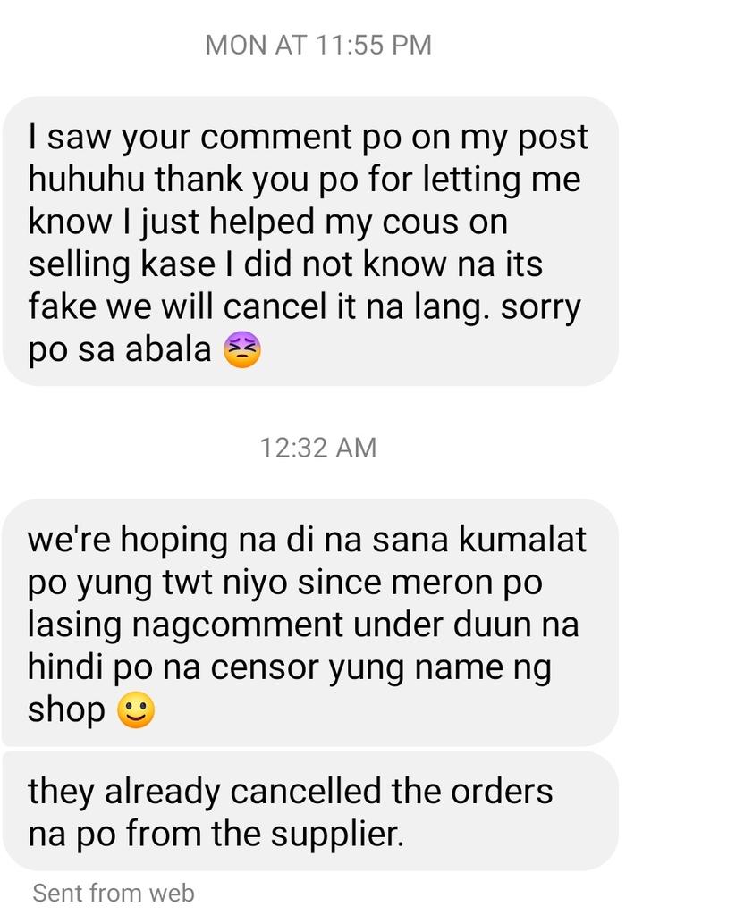 HERE'S THE MESSAGE FROM THEM.i asked the one who commented on my twt to delete their reply na since di naka censor yung logo ng shop ng nagbebenta ng LS . hskdhdkd