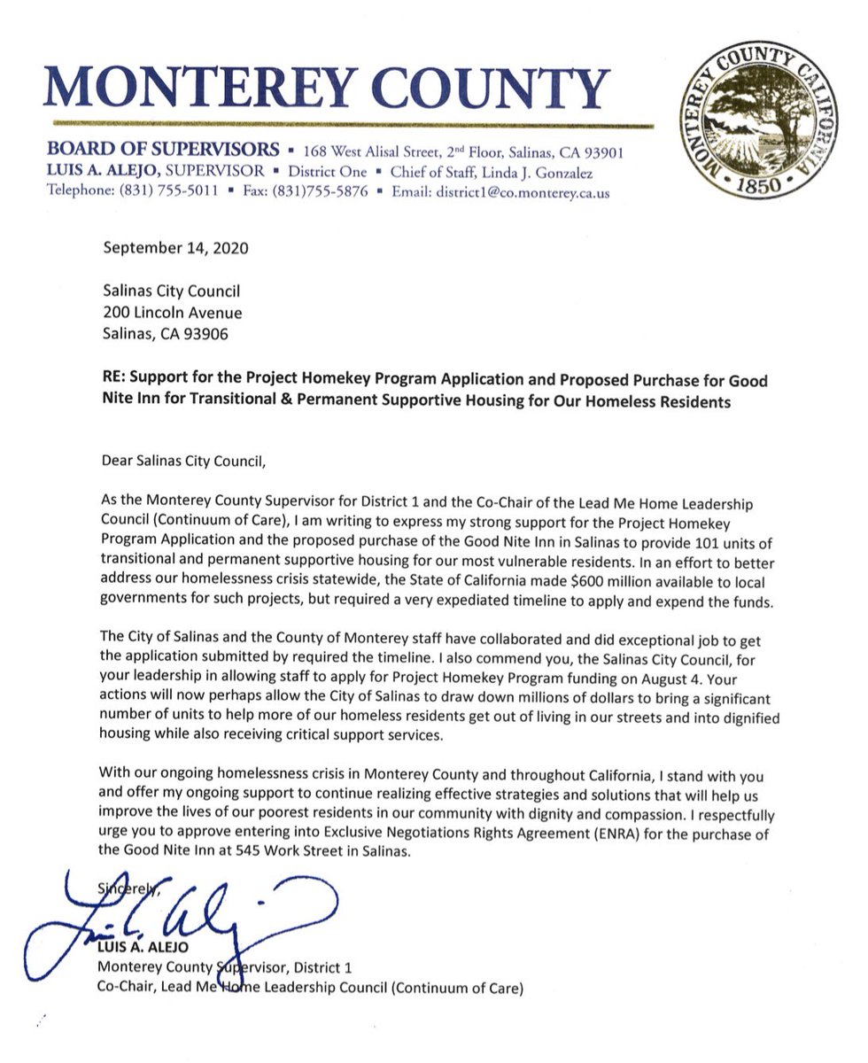 SupervisorAlejo's tweet image. Wrote this support letter for the #ProjectHomekey proposal by the @CityofSalinas to purchase the Good Nite Inn in #Salinas to convert into 101 units of transitional &amp;amp; permanent housing for our most vulnerable! I commend the City Council for their leadership &amp;amp; stand with them!✊🏽