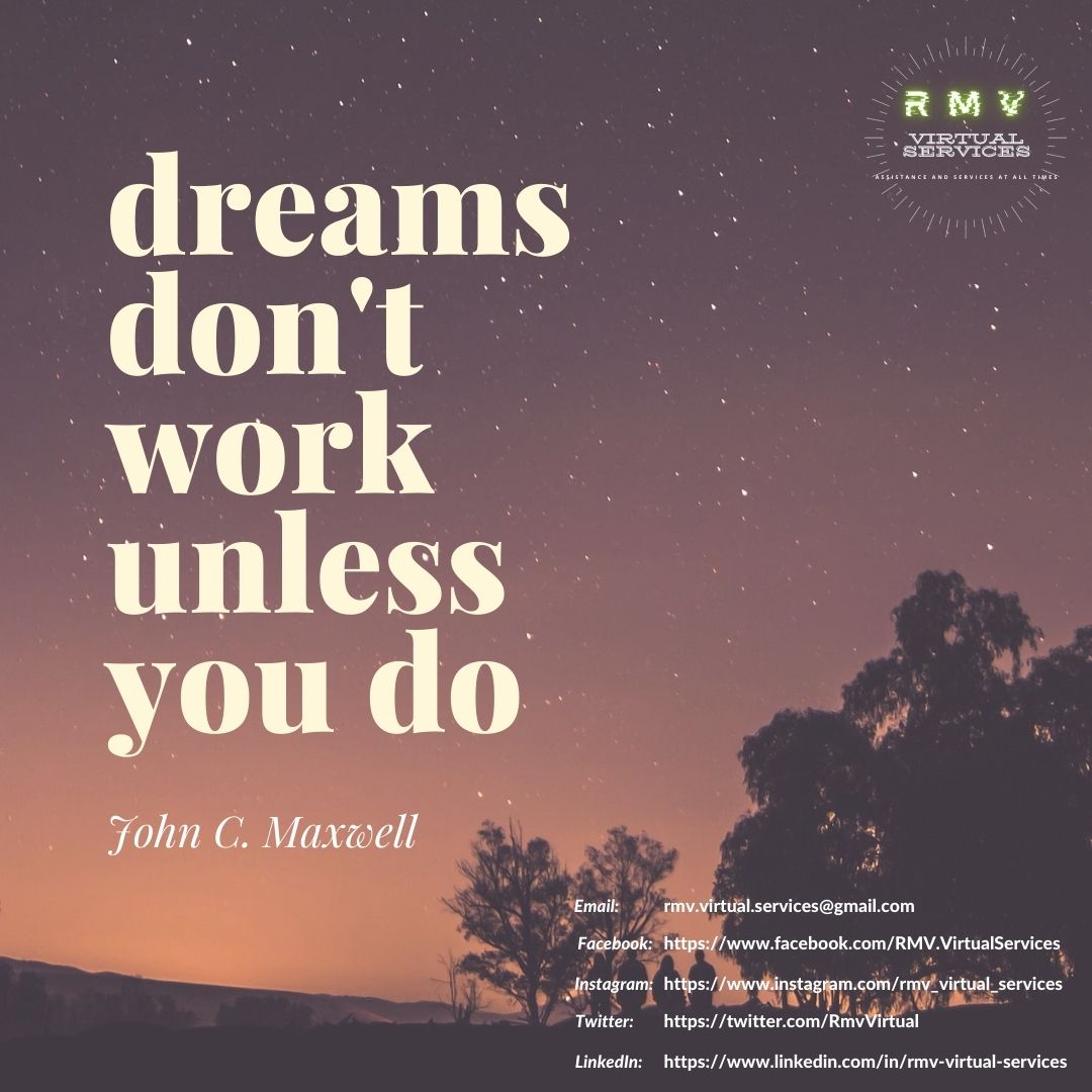 RmvVirtual's tweet photo. "Dreams don't work unless you do" -John Maxwell

Like and Follow RMV Virtual Services Social Media Accounts
Facebook: https://t.co/ooMzp0VOdk
Instagram: https://t.co/gHbIUSXCXK
LinkedIn: https://t.co/SbXMIHPXvQ

#VirtualAsistant
#SocialMediaManagement
#SEO
#LeadGeneration https://t.co/7zCwJugain