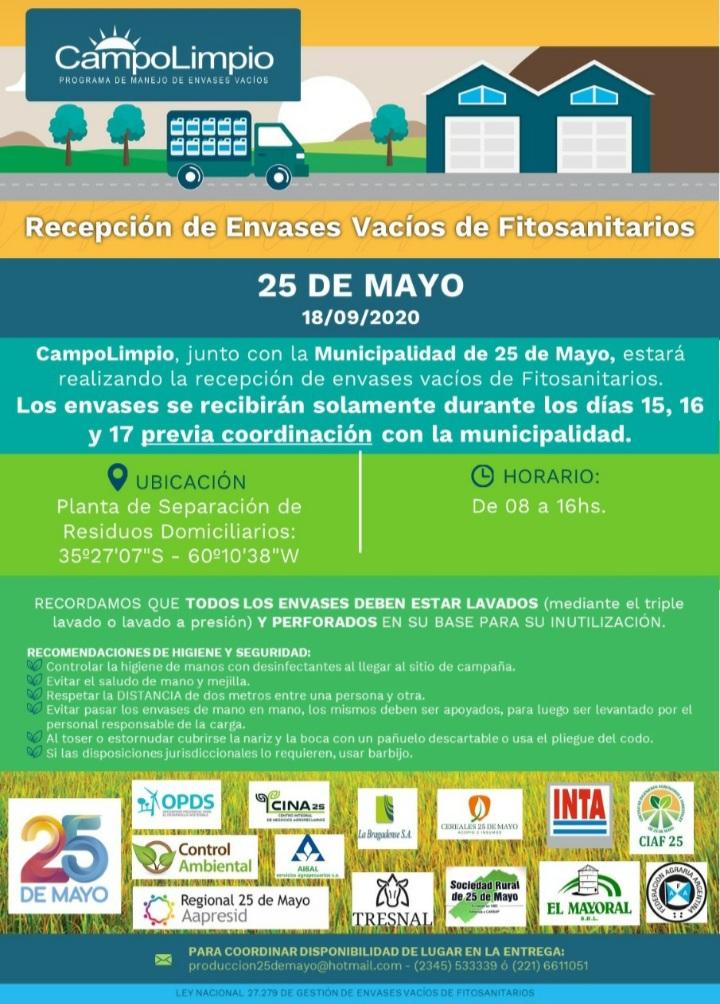 Esta semana en 25 de Mayo se estarán recibiendo envases vacios para reducir el impacto ambiental. El trabajo conjunto entre instituciones da resultados.