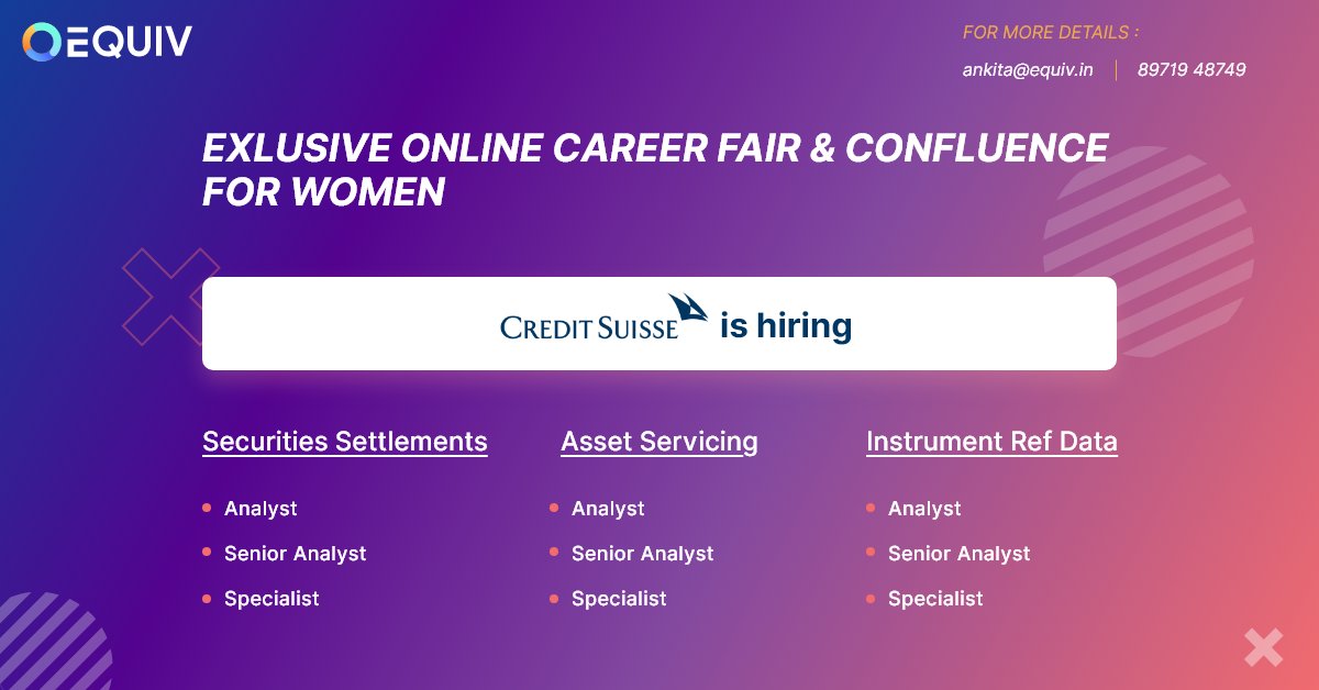 Announcement- Credit Suisse is Hiring!!  - one of the great organizations to work for and grow, grab your seat for the career fair NOW! 
Apply Here- Link-
equiv.in/events/flagshi…