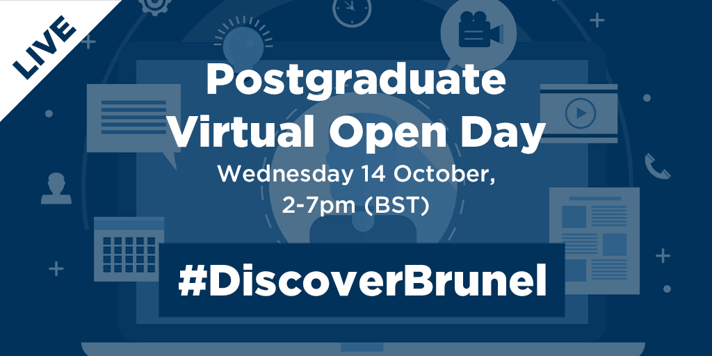 Bruneluni's tweet photo. Join us for our next #Postgraduate #VirtualOpenDay on Wednesday 14 October. Explore all aspects of university life, talk to our staff and students, and find out what #BrunelUni has to offer: https://t.co/i0c1XgTLej.
#DiscoverBrunel #OpenDay #OnlineEvent #PGstudies #MastersDegree https://t.co/DkGf6ICLOG
