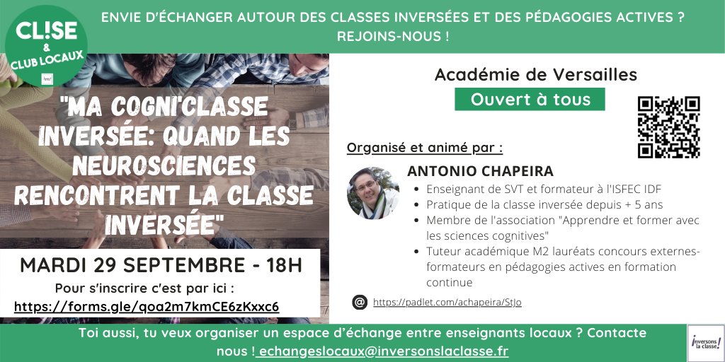 CLISE_semaine's tweet photo. 📣Classes Inversées et Sciences Cognitives?
📆Rdv le 29.09 - 18h pour une conférence en ligne sur la cogni'classe! Merci Antonio Chapeira de l'Ac de #Versailles mon son intervention
Inscriptions ✅https://t.co/9R77qc2ZNl
🙌Gratuit et ouvert à tous 😁 https://t.co/KlqfW8CbZZ