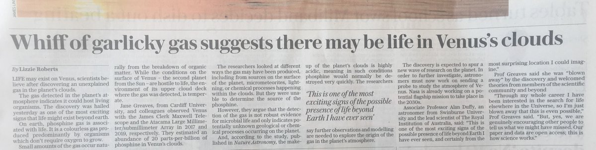 The  @Telegraph has also put the story on page three (a sought out space in a newspaper), but no exciting space pictures to be found here. Perhaps win the prize for longest headline though! "Whiff of garlicky gas suggests there may be life in Venus's clouds".  #Venus  #VenusNews