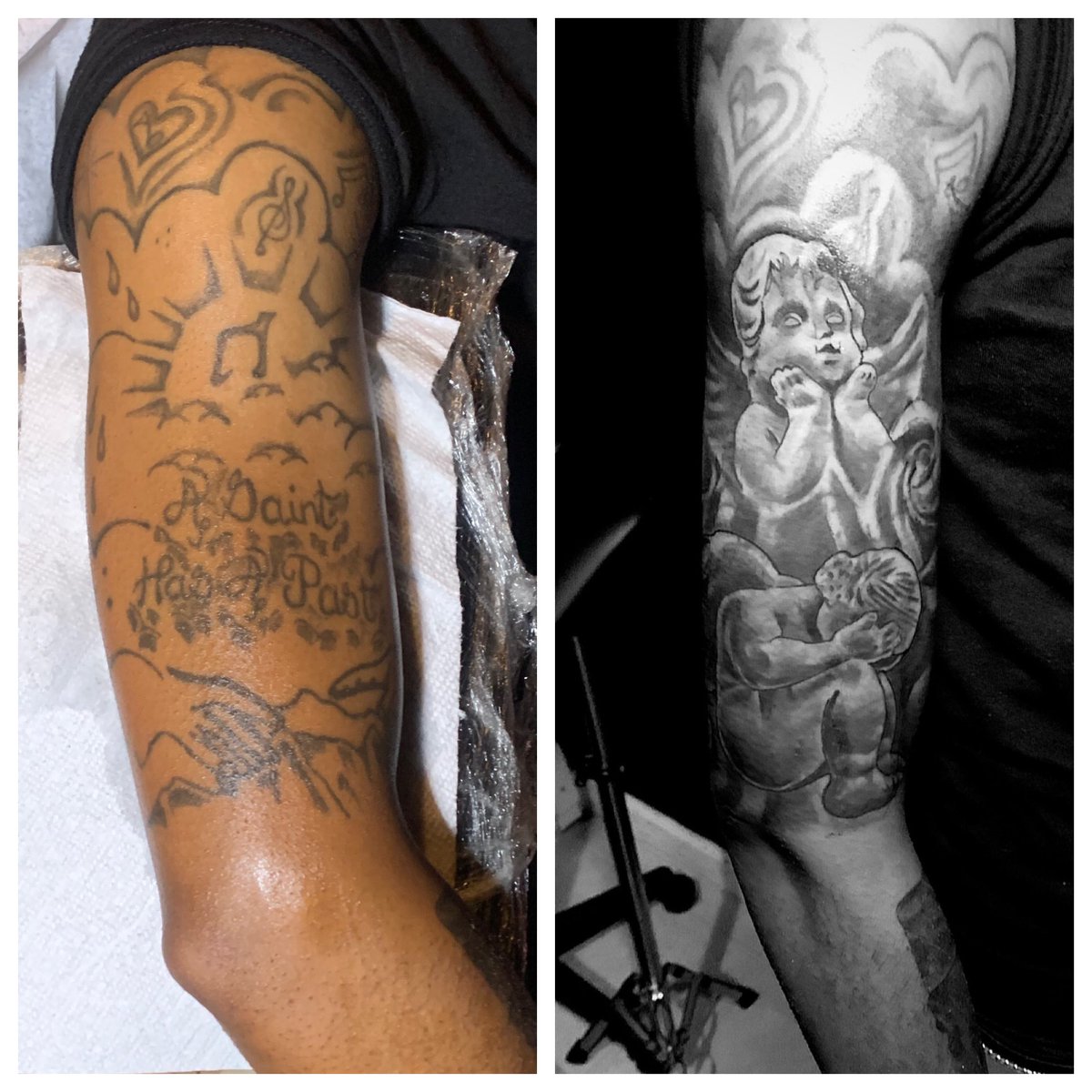 InkByX's tweet photo. The Cherub in the bottom is crying about the old tattoo lol https://t.co/k3PO8v161Q