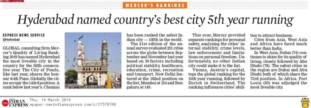PuttaVishnuVR's tweet photo. Awards &amp; Recognitions galore #HappeningHyderabad👇

✅Now ranked ‘Best city to live and work in India’ by #Holidify

✅Best city in India by @SwachhBharatGov 

✅World’s most Dynamic city by #JLL

✅Best city in India on liveability index; 5 years in a row by #Mercer

@KTRTRS https://t.co/6u9C5wqJW0