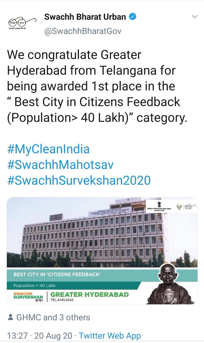 PuttaVishnuVR's tweet photo. Awards &amp; Recognitions galore #HappeningHyderabad👇

✅Now ranked ‘Best city to live and work in India’ by #Holidify

✅Best city in India by @SwachhBharatGov 

✅World’s most Dynamic city by #JLL

✅Best city in India on liveability index; 5 years in a row by #Mercer

@KTRTRS https://t.co/6u9C5wqJW0