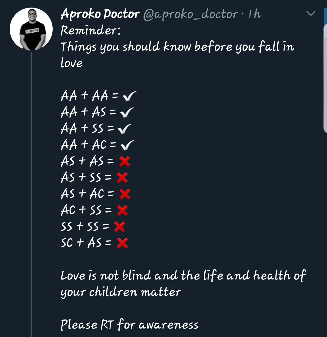 Sports_Doctor2's tweet photo. PREVENTION IS STILL BETTER THAN CURE...In sickle cell, there is no "Cure" yet.

No your genotype before you commit!

No love is worth the pain these beautiful human beings go through...No love at all

RETWEET AGGRESSIVELY FOR AWARENESS!!!

FOLLOW FOR MORE DAILY HEALTH THREADS https://t.co/E2Za06nSa7