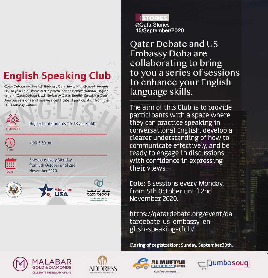 QatarStories's tweet photo. Qatar Debate and @USEmbassyDoha
are collaborating to bring to you a series of sessions to enhance your English language skills.
Join the English speaking club now:
https://t.co/prcD6pR3Ti
#Qatar
#Doha
#QatarsNews
#QatarUpdate
#DohaUpdate #EnglishSpeakingClub #QatarDebate https://t.co/xgdVjtsSow