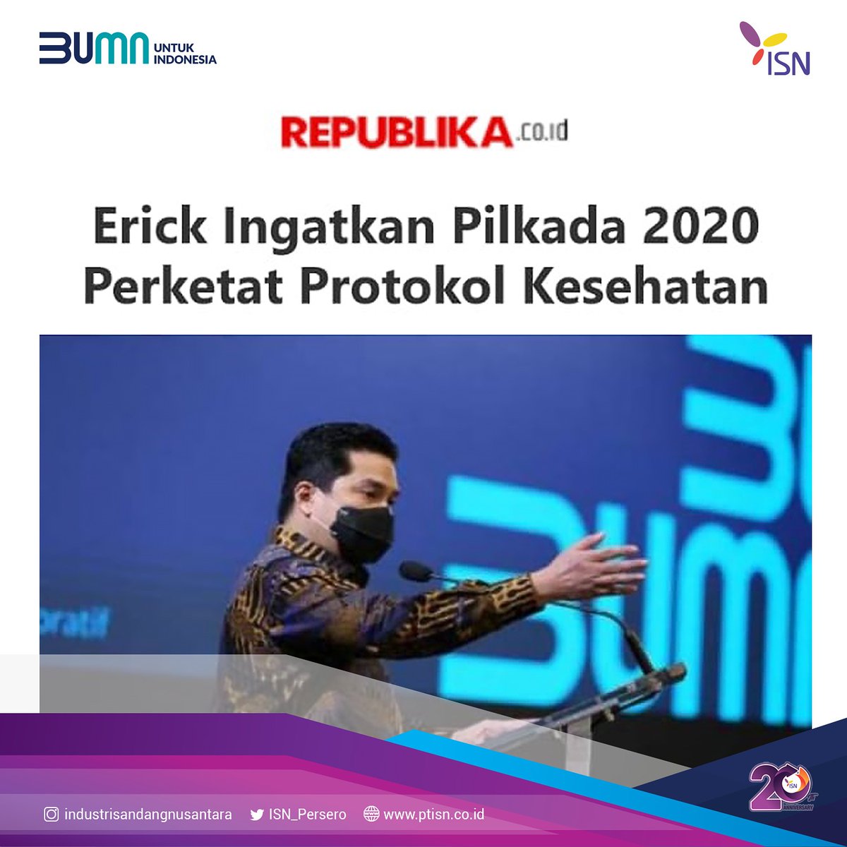 Ketua Pelaksana Komite Penanganan COVID-19 &amp; PEN sekaligus Menteri BUMN Erick Thohir mengingatkan seluruh pihak terkait untuk memastikan protokol kesehatan dengan baik dalam Pilkada. Keberhasilan Pilkada harus diimbangi dengan keberhasilan penanganan covid 
#PilkadaSehat