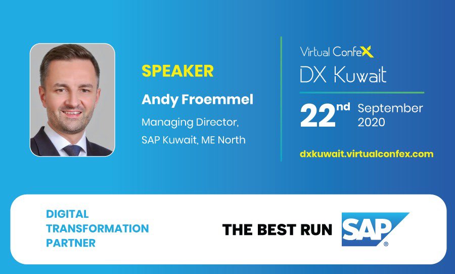 cglobalevents's tweet photo. We would like to officially welcome on board Andy Froemmel from @SAP as one of our esteemed speakers at the #DXKuwait Virtual Confex.

Register now: https://t.co/eW1kfAhRyp (Code: SAP20) 

#ITsector #kuwait #vision2035 #kuwaitdigitaltransformation #digitalkuwait #SAP https://t.co/Q64vPo5GMq
