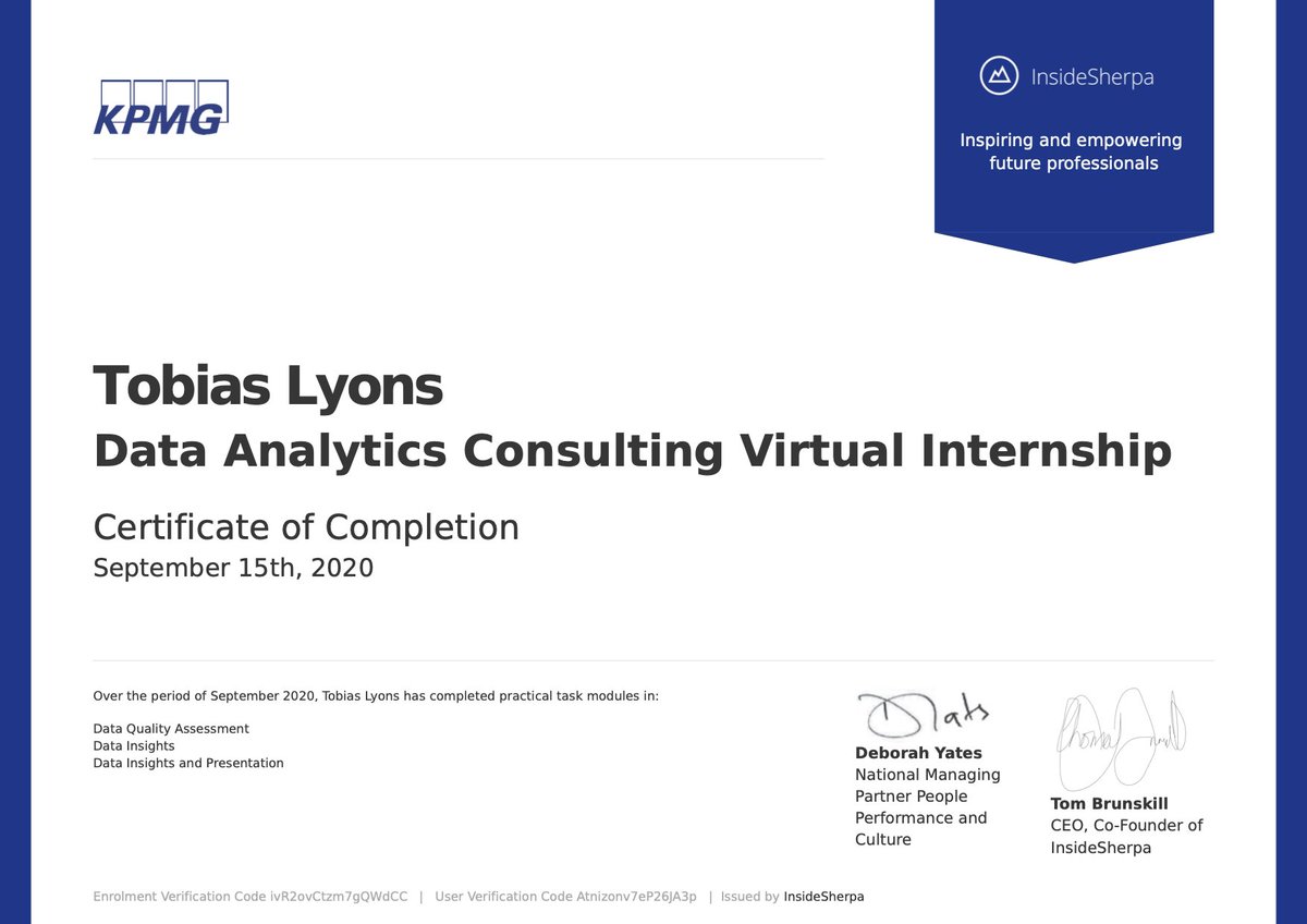 DataWithToby's tweet photo. I’ve just completed the @KPMG Virtual Internship in Data Analytics Consulting.

It's been a very interesting insight into the daily tasks of a data analyst consultant and I look forward to utilising these new skills to produce better business outcomes. 

#Data #Tableau https://t.co/bIZIYsYTWa