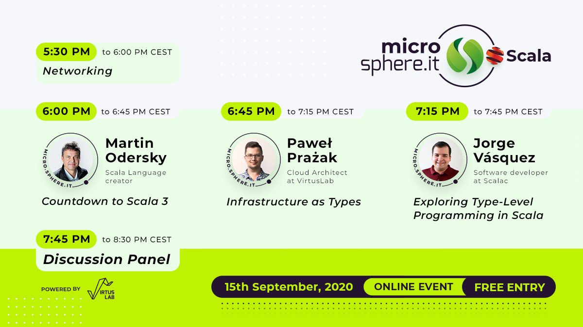 It's today! 🎉 We can hardly wait for micro.sphere.it talks delivered by #Scala professionals for the community!💪

Also on the agenda:
✅ Speed Networking 🔥
✅ Discussion Panel with our experts 🎙

You cannot miss it! Register for free ⤵
hopin.to/events/micro-s…