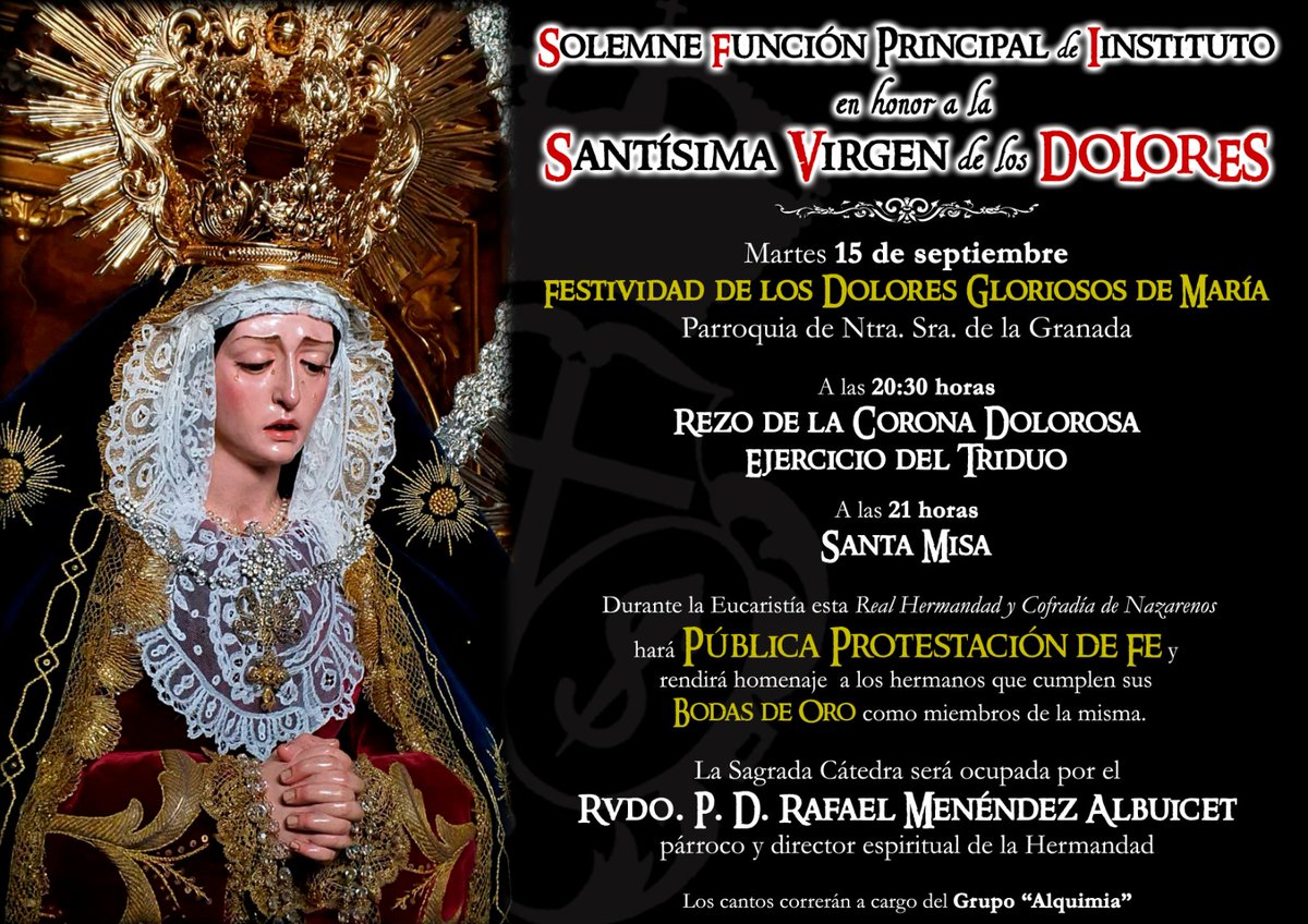 Cofradías | <a href="/ServitasPuebla/">Real Hdad. Servita de los Dolores - Puebla del Río</a> celebra este martes, día 15 de septiembre, Solemne Función Principal de Instituto en honor a la Santísima Virgen de los Dolores. Se conmemora, como cada año, la Festividad de los Dolores Gloriosos de María.

#LaPueblahoy #TDSCofrade #TDSProvincia