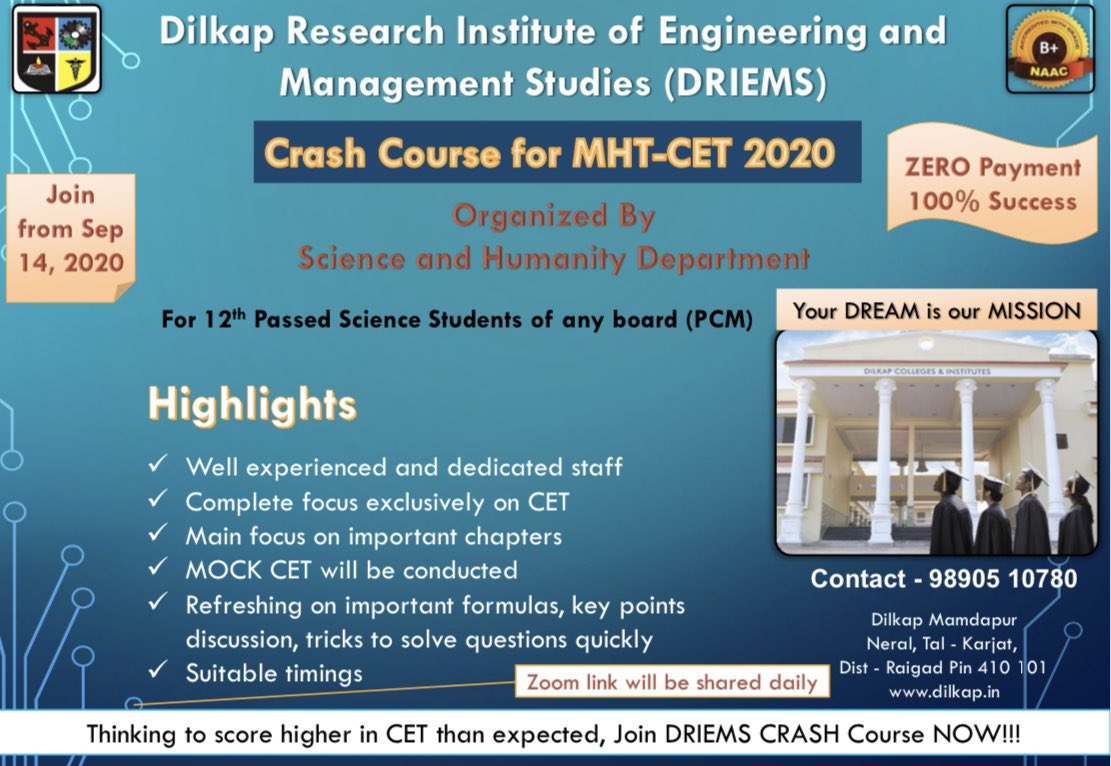 DilkapColleges's tweet photo. Your Dream is DRIEMS’s Mission
 
DRIEMS, Neral have started CET crash course for 12th passed out students. In this, Physics, Chemistry and Mathematics subjects will be discussed with the students. Main focus will be given on MHT-CET.
#cet #mahacet #engineering #examination https://t.co/SV2lzT7zF8